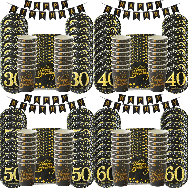 

30/40/50/60 years old Happy Birthday Disposable Tableware Set Black Gold Paper Plates Cups Napkin Anniversary Decoration