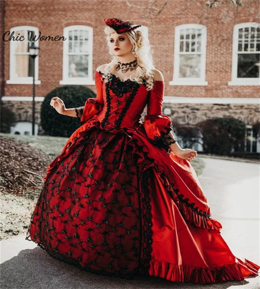 Black And Red Renaissance Gothic Wedding Dress Georgian Countess Veronika Victorian Off Shoulder Lace Medieval Rococo Customized