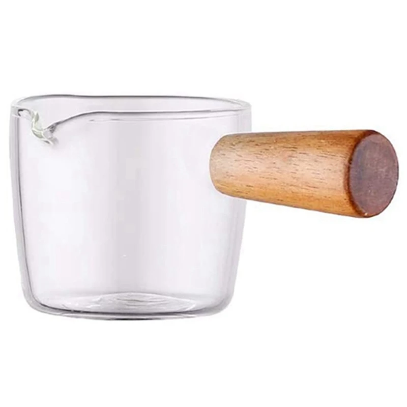 

4PCS Transparent Glass Creamer With Wooden Handle, Mini Coffee Milk Creamer Pitcher. 50Ml