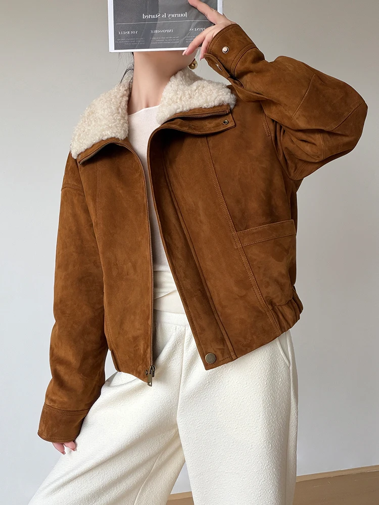 Krótkie kurtki zimowe damskie z prawdziwej skóry vintage, zamszowe, wysokiej jakości, proste, z naturalnym kołnierzem z wełny jagnięcej, prawdziwa skóra kozia, płaszcz z puchem gęsim.