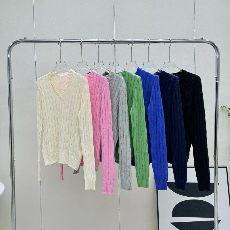 

Women's pullover sweater V-neck elegant casual pure cotton old money style sweater US size knitted design sweater