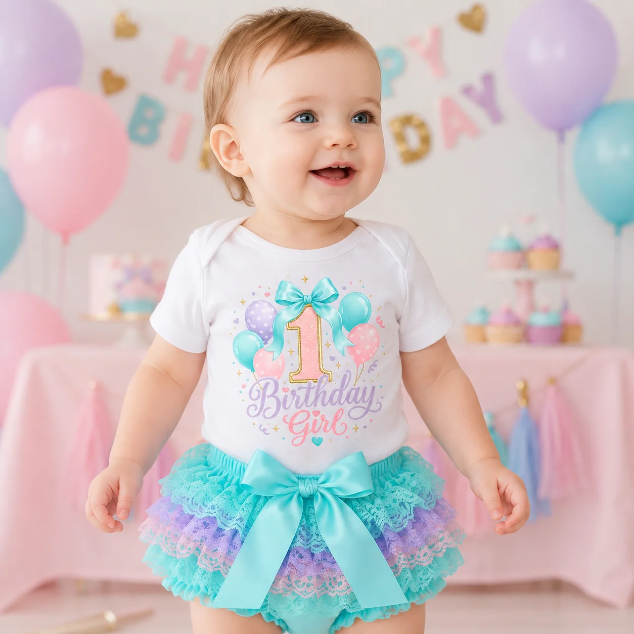 

1st Birthday Girl Outfit | Pastel Balloon Print Romper & Lace Tutu Bloomer Set, Princess Cake Smash Outfit, Baby First Birthday