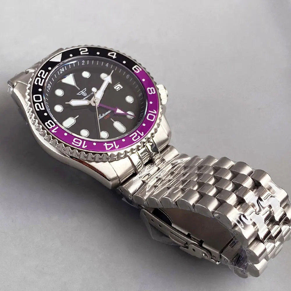 Tandorio Dive 41mm Black Purple NH34 GMT Steel Automatic Watch Men 24 Hours Chapter Ring 120click Bezel Sapphire SKX 3.8 Crown