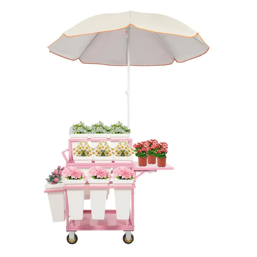 

Garden Cart Plant Stand with 18pcs Buckets, Flower Cart With Parasols, Slide Out Rolling Flower Display Rack, for Florist, Pati