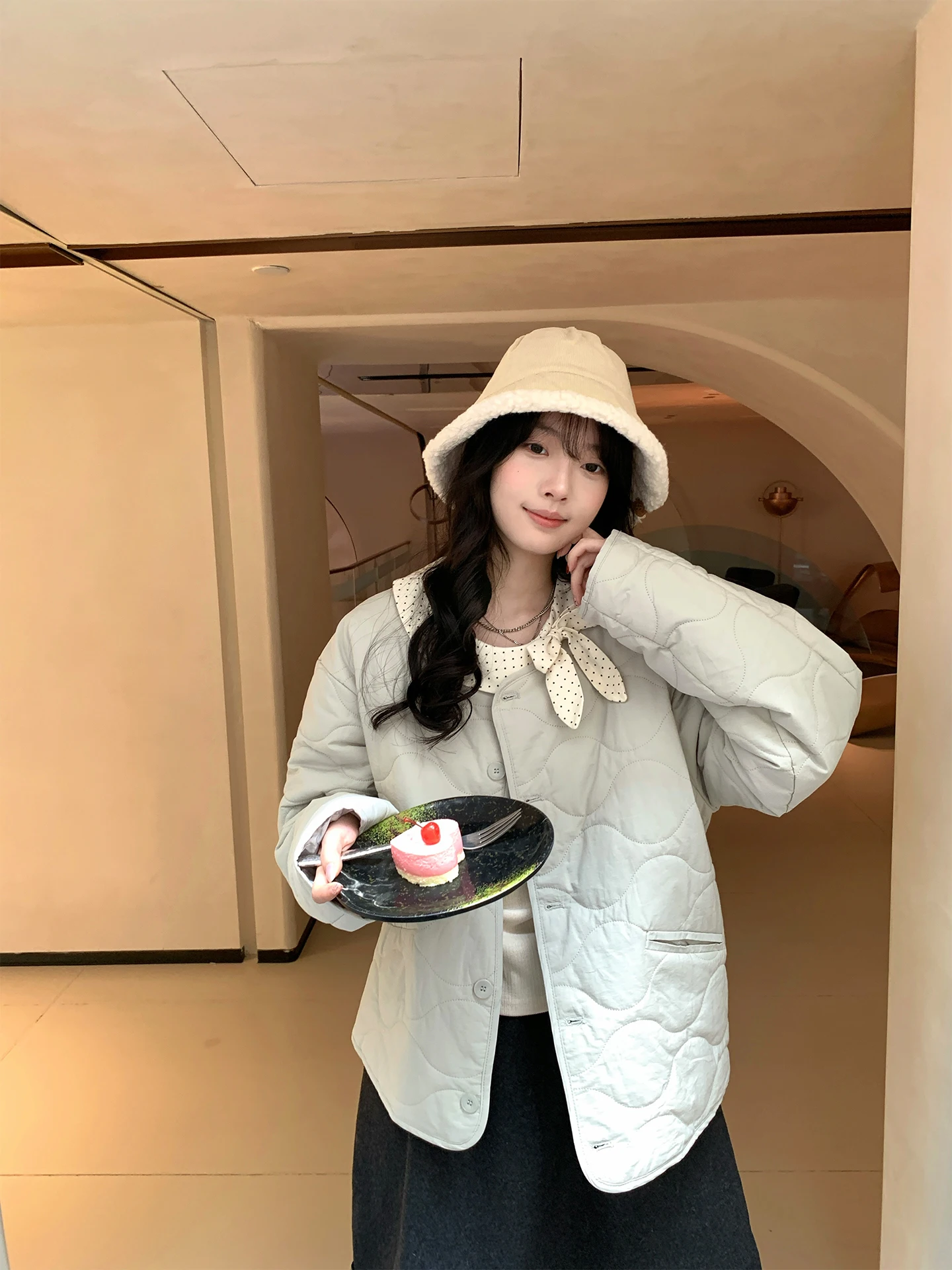 

Holli Korean Sle round Ne Pure Color Versatile Button Thin Cotton Jaet Women's Cotton Outerwear Autumn Winter New Arr...