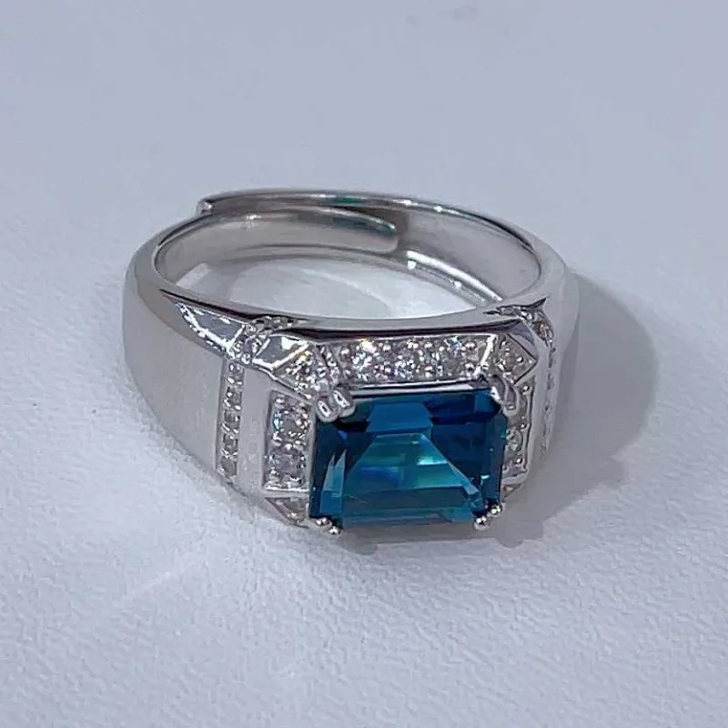 Sacegems Nieuwe Luxe 7*9Mm Natuurlijke Londen Blauwe Topaas Luxe Ring Voor Man 925Sterling Zilveren Bruiloft Verloving Fijne Sieraden Geschenken