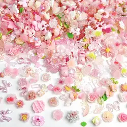 Random Mixed Sweet Pink Bow Nail Charms 3D Resin Pink Rose Flower Nail Art Decorations Accessories for DIY Cream Glue Crafts