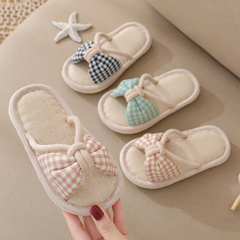 Spring Summer Linen Children Slippers Korean Bow Open Toe Home Shoes Comfort Soft Sole Floor Slipper Indoor Non-slip Girls Shoes