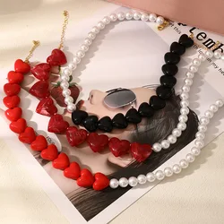 1pc Fashionable And Simple Heart-Shaped Resin Splicing Imitation Pearl Beaded Necklace, Suitable For Women Daily Wear