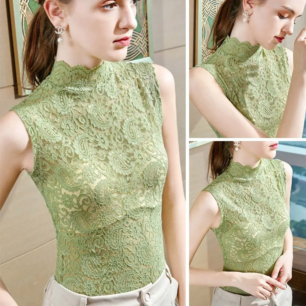 ファッションハーフハイカラー花柄タンクトップ中空ブラックホワイトレースシャツノースリーブベスト女性女の子