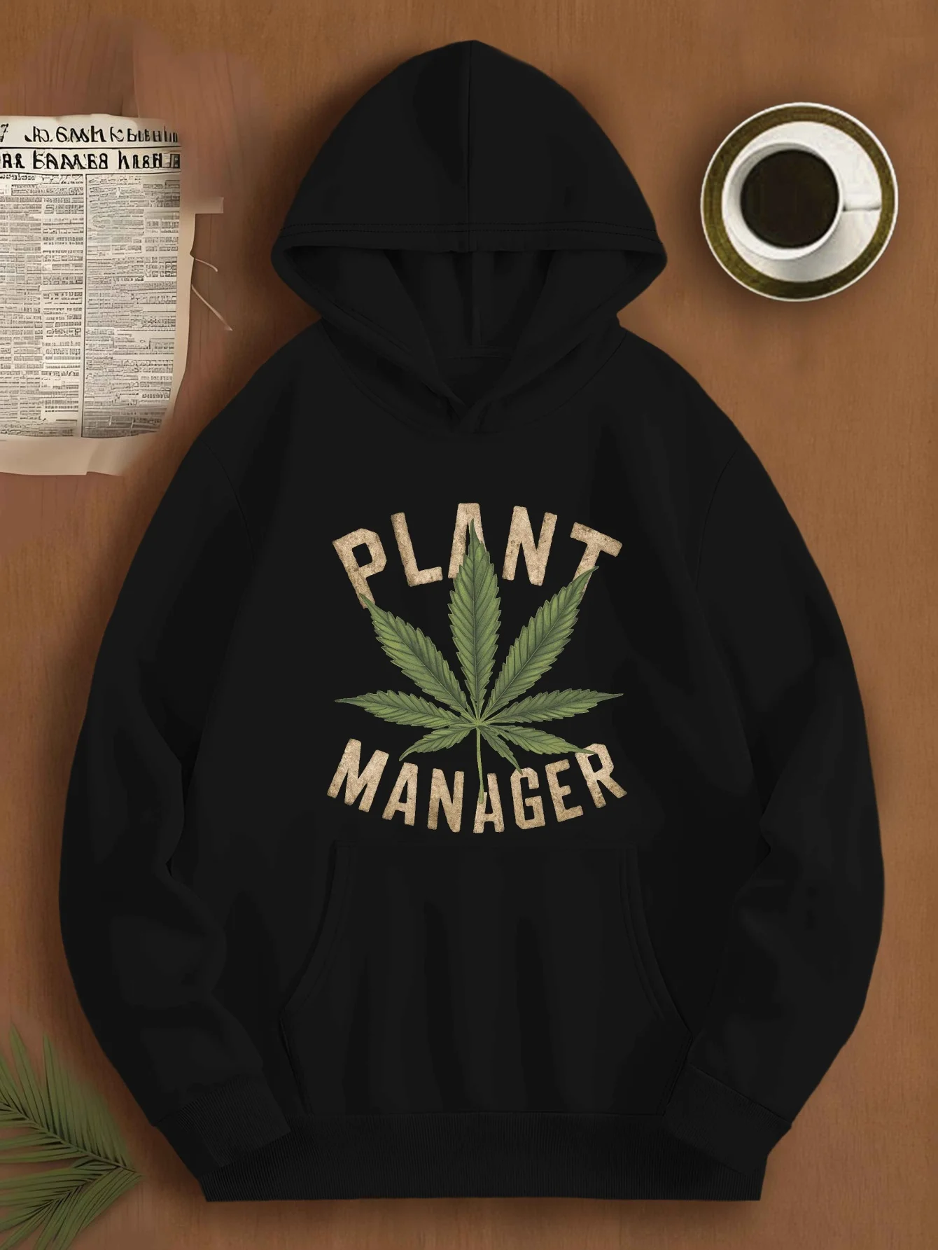 1 سترة بوليستر كاجوال كبيرة الحجم للرجال مع "Plant Manager" مطبوعة عليها، نسخة فضفاضة، بغطاء للرأس، محبوكة f