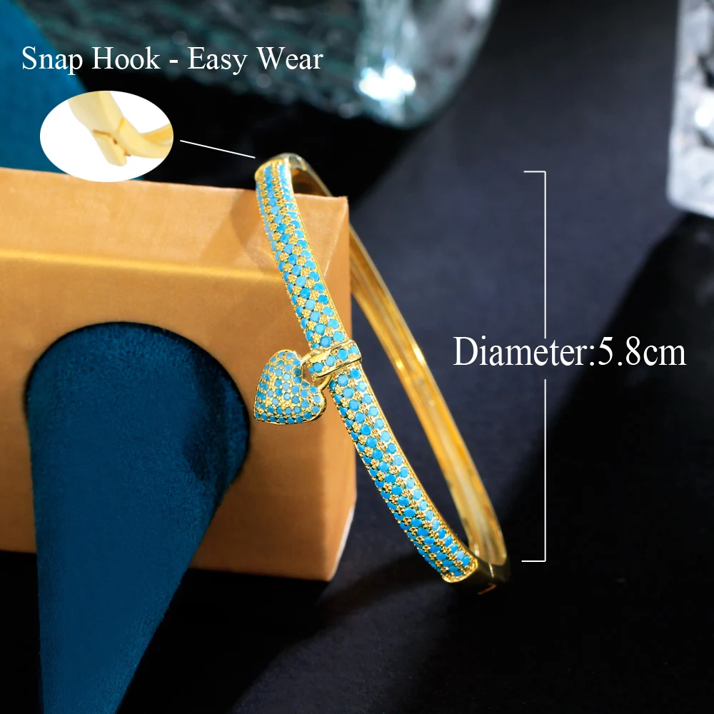 ThreeGraces Elegant Light Blue Cubic Zirconia Gold Color Small Heart Charm Luxury Open Cuff Bangle for Women Party Jewelry B080