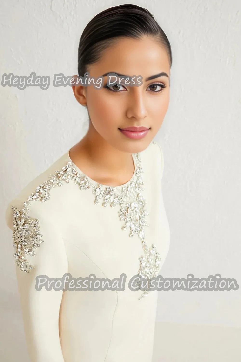 Heyday O-Neck Saudi Arabia Long Sleeves Straight Beaded Prom Gown Sexy Crepe Floor Length Elegant luxury Dress For Women 2024