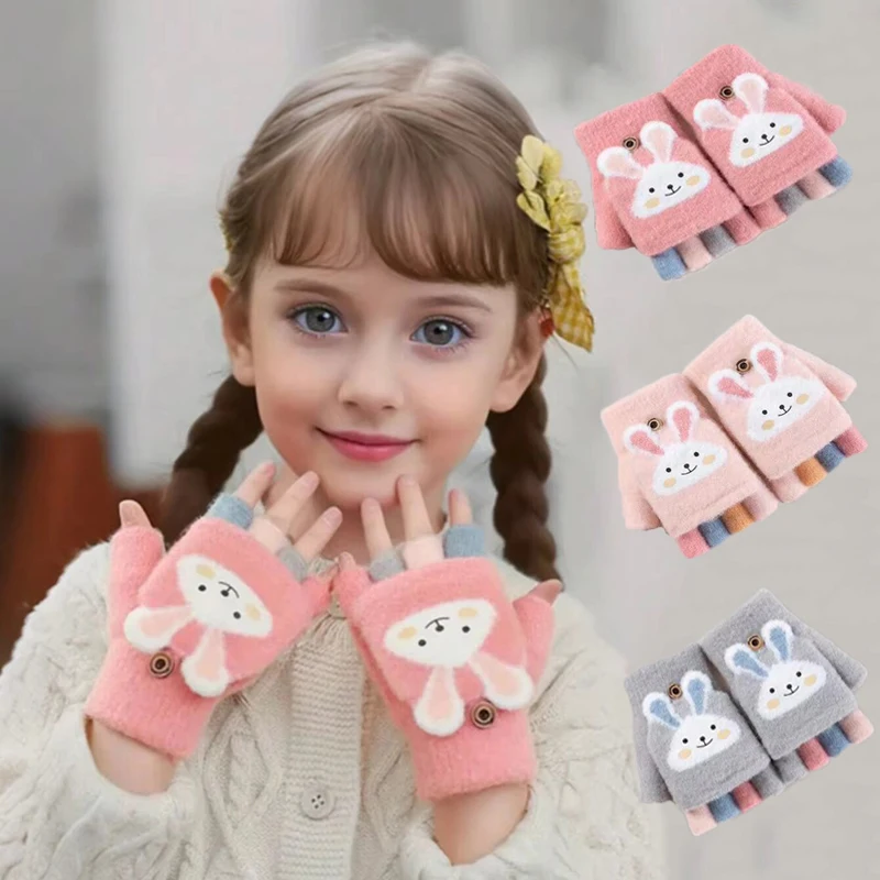 Cartoon Girls' Winter Gloves Cozy And Cute Warm Cold-Proof Flip Top Design for Writing And Skiing Hand Washable Polyester Blend