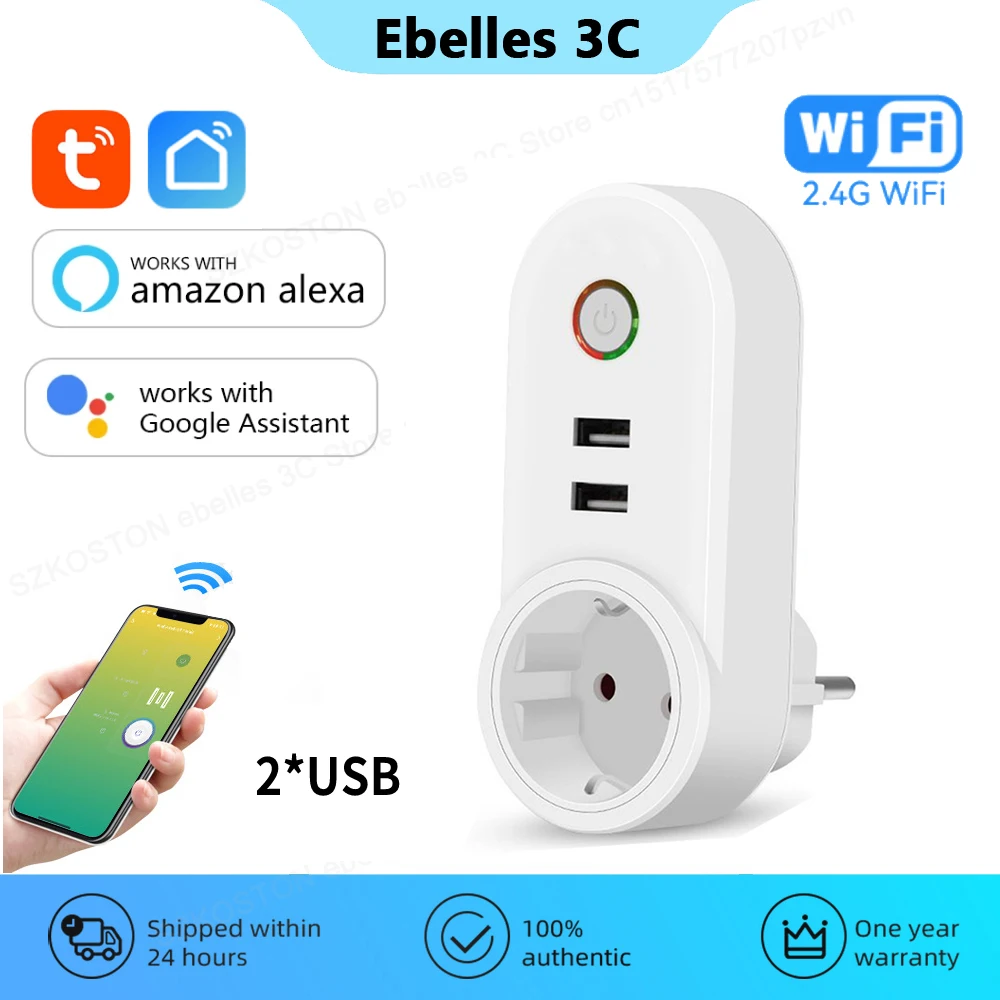 Tuya Smart Life Wifi Smart Plug with 2 USB Socket EU Power Outlet Phone Charger Timer Voice Control for Alexa Google Home