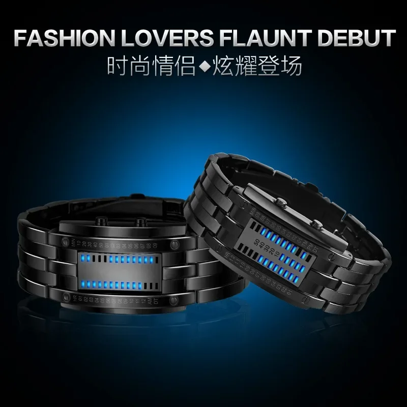 Luxury Mens Binary Sports Watch Digital LED Matrix Waterproof Outdoor Casual Black Bracelet Square Blue Backlit Watches Clock