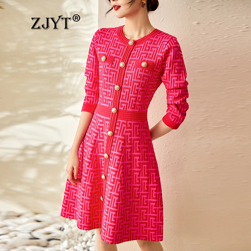 ZJYT Women\'s Long Sleeve Knitting Sweater Dresses Geometric Pattern Buttons Knitwears Autumn Winter Dress Party Vestidos Robe