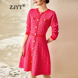 ZJYT Women's Long Sleeve Knitting Sweater Dresses Geometric Pattern Buttons Knitwears Autumn Winter Dress Party Vestidos Robe