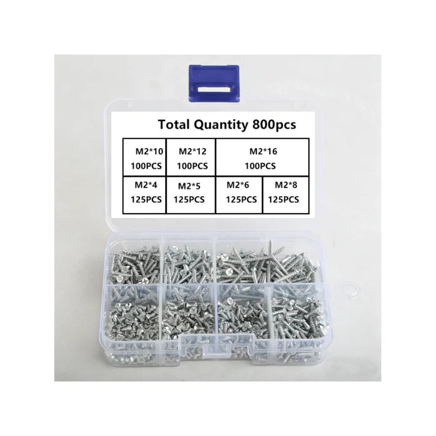 Set of 800 Self-Tapping Wood Screws, M2 Phillips Flat Head Screws for Sheet Metal, Assortment Kit of Self-Screws with Lock Nuts