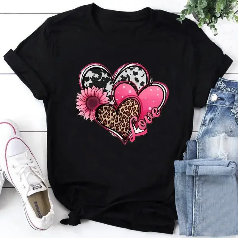 Heart & Sunflower & Letter Print Short Sleeve Casual T-shirt Women's Round Neck Slight Stretch T-shirt