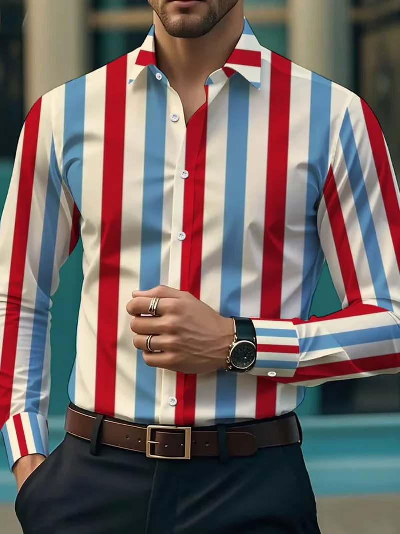 New men's exotic vacation shirt with satin purple white ethnic geometric stripes 3D printed long sleeved shirt