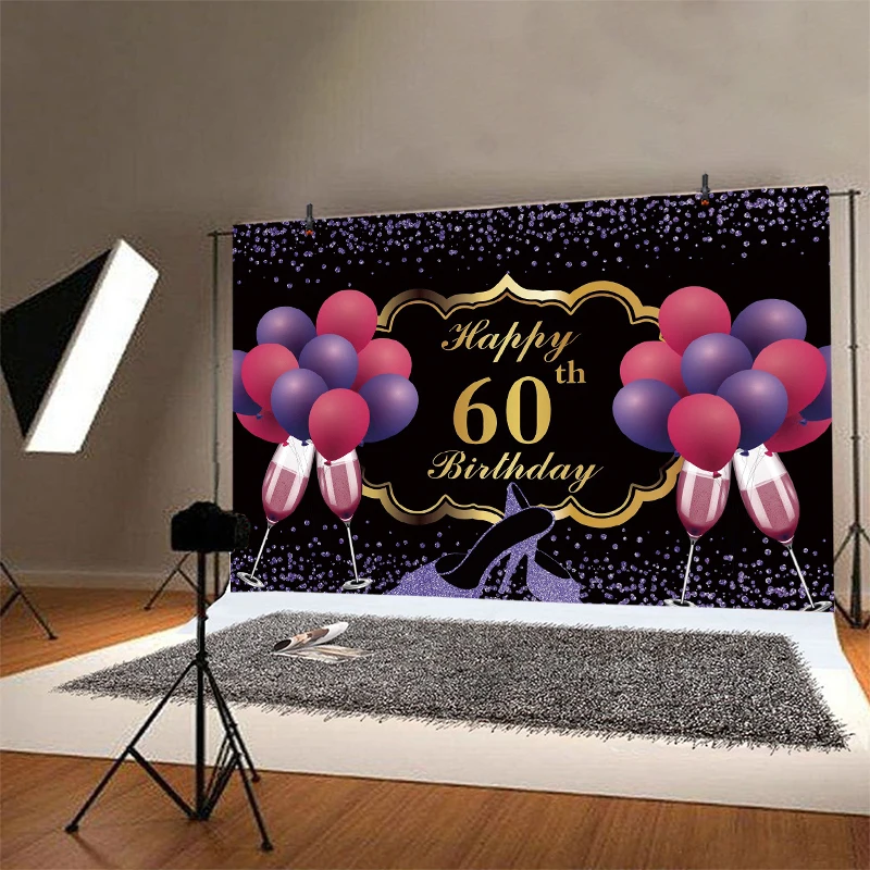 Blue 60th Backdrop For Woman Man Happy Birthday Party Sixty 60 Years Old Photograph Background Photo Banner Decoration Prop