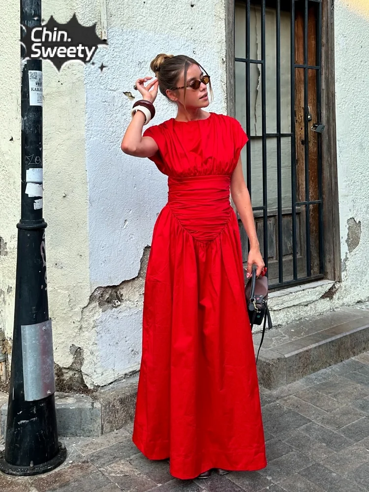 

Women Red Irregular Pleated Wrap Waisted Maxi Dress Elegant O Neck Sleeveless Slim Long Dresses Chic Lady Party Street Robes