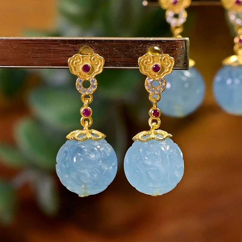 

S925 Silver Aquamarine Earrings, Chinese 'Huiwen' Pattern Beads, Classical Ruyi Design Jewelry