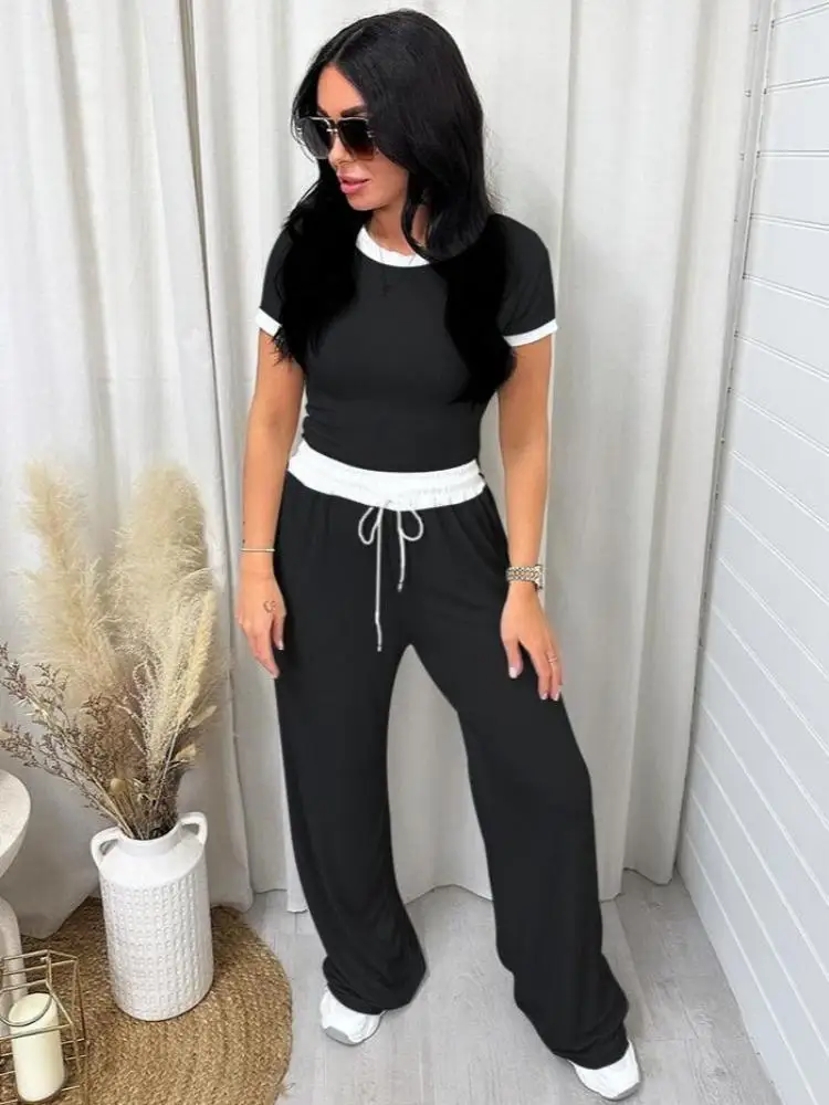 Spring and summer new round neck color short-sleeved women\'s fashion casual wide-leg pants sports suit