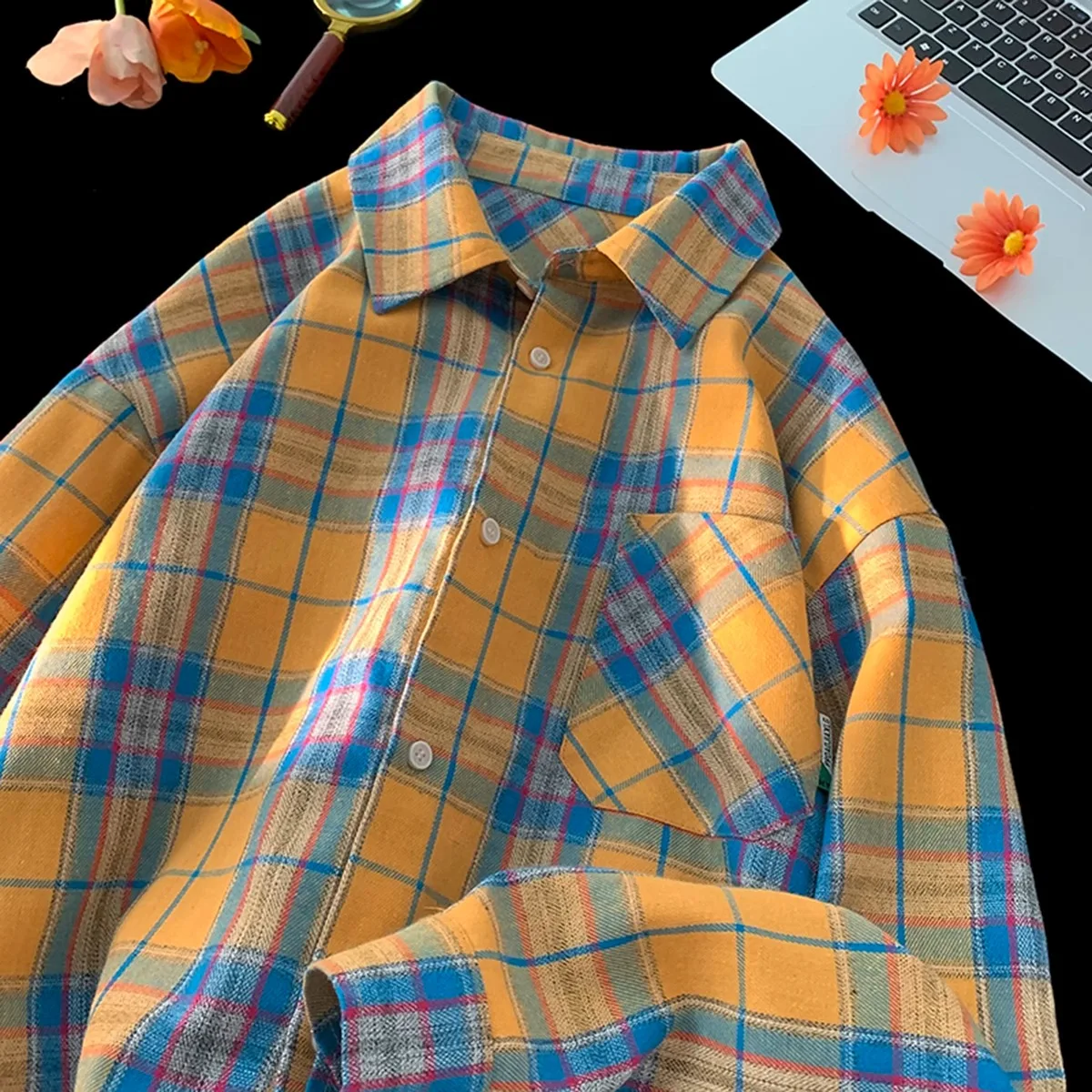 

Yellow Plaid Long Sve Loose Men's irt Autumn Faion Trendy Brand Couple's Outerwear Large Size 300 Pou Vintage Ameri...