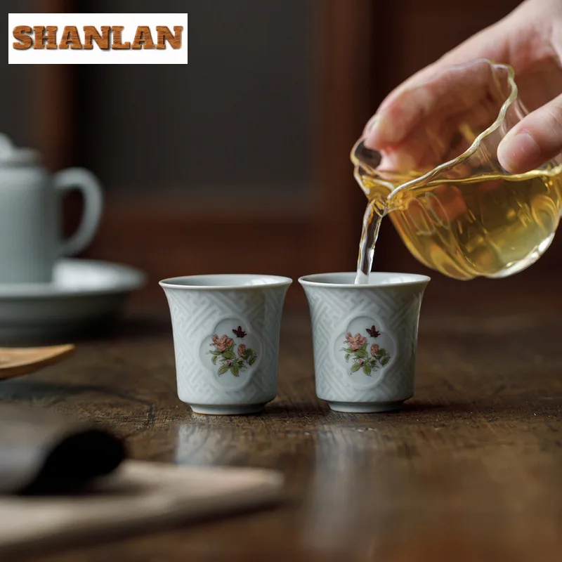 2pc/lot Sky Blue Ru Kiln Window Flower Teacup Tea Bowl Cup For Tea Tea-tasting Fragrance Cup Chazhan Master Cups Drinkware 40ml