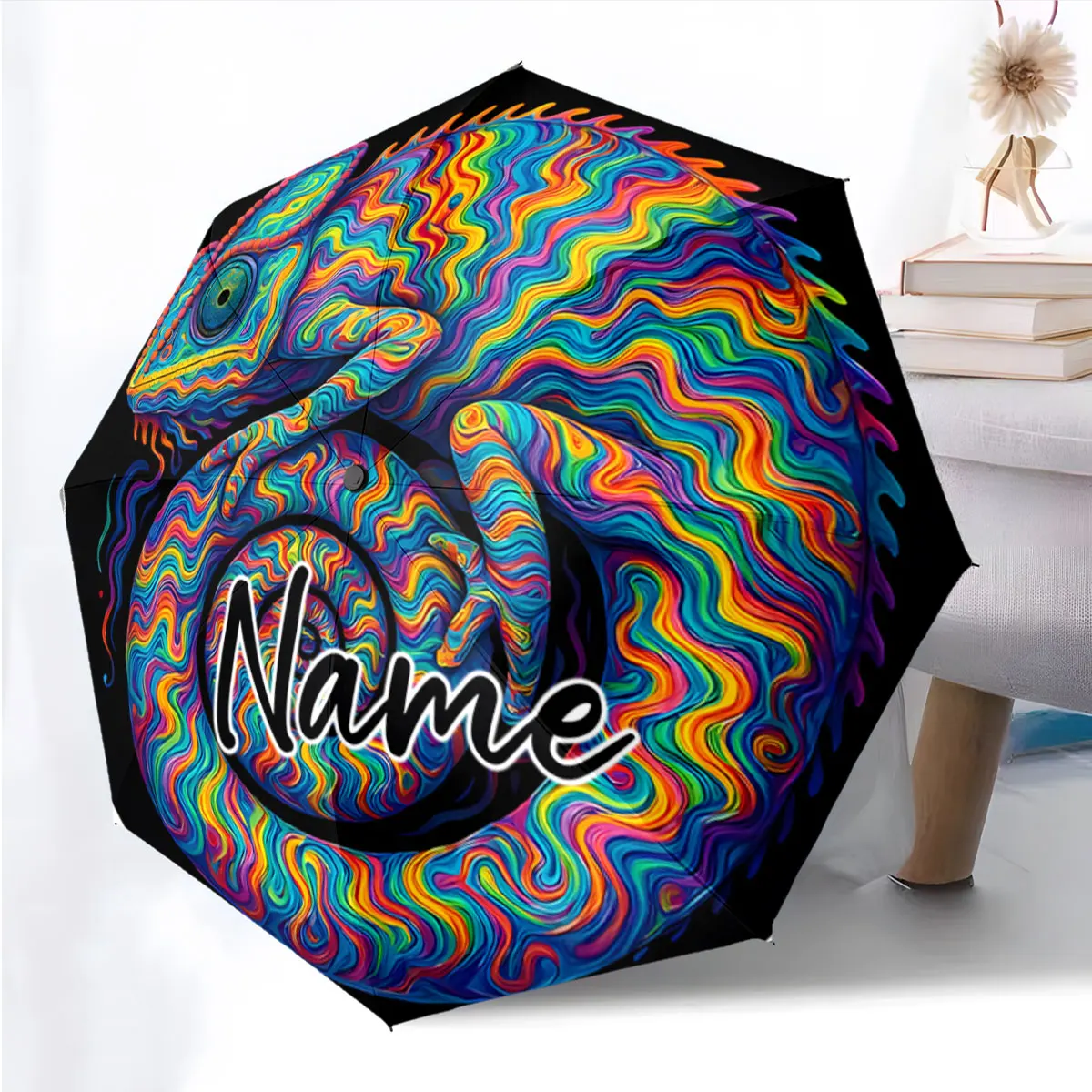 Custom Name Vivid Chameleon Art Umbrella with Unique Design Print 8 Iron Ribs Folding Umbrella Auto-Open Fashion Sunshade