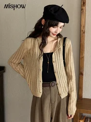 MISHOW Hollow Round Neck Knitted Cardigan for Women Autumn 2024 Slim Down Long Sleeve Short Cardigan Solid Casual Top MXD44Z0824