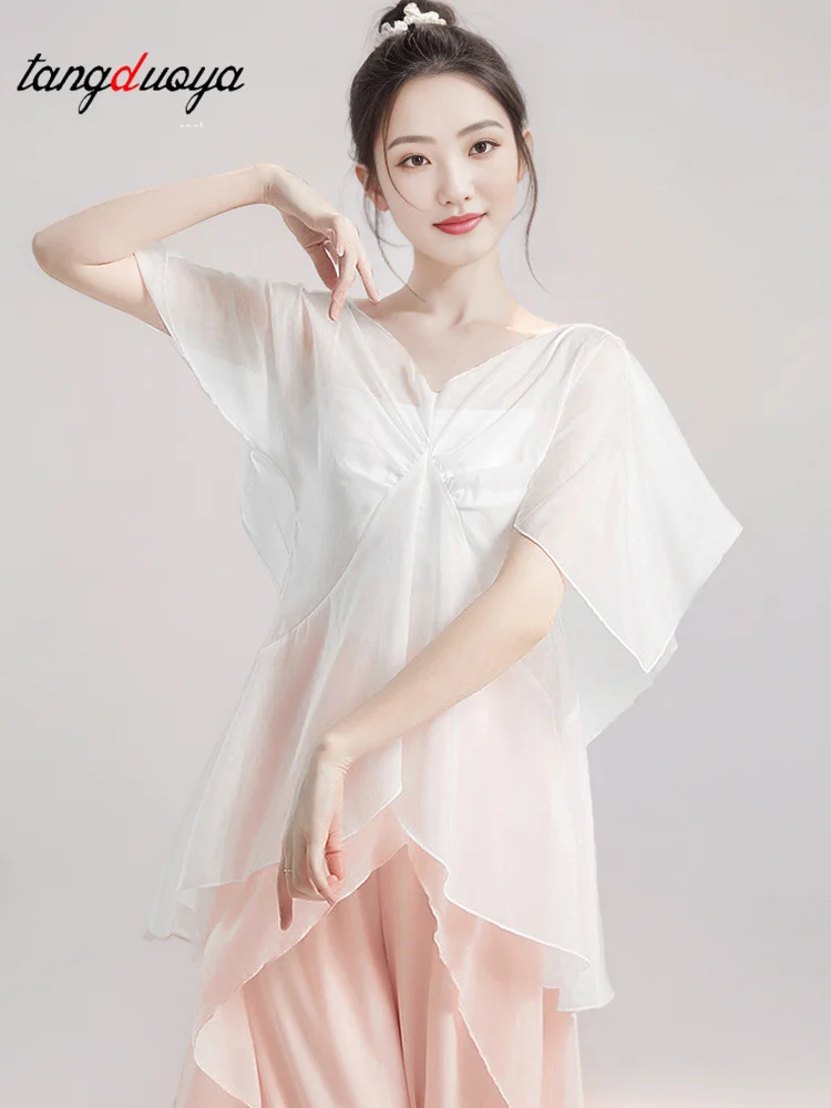 

Classical Dance Top Women Flutter Short Sleeve Guaze Mesh T-Shirt Blouse Elegant Clothes Stage Practice Performance Costumes