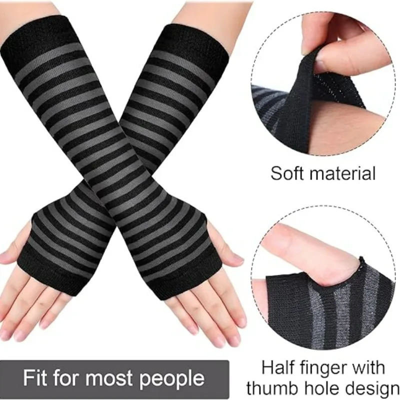 Punk Black White Stripe Gloves Adjustable Elasticity Long Fingerless Glove Stripe Nylon Mittens Winter Arm Cover Gothic Sleeves