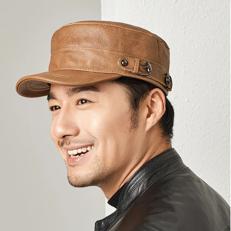 

Men's Military Hats Quality Cowhide Genuine Leather Cowhide Hat Men Autumn Winter New Thermal Size Brands Baseball Caps