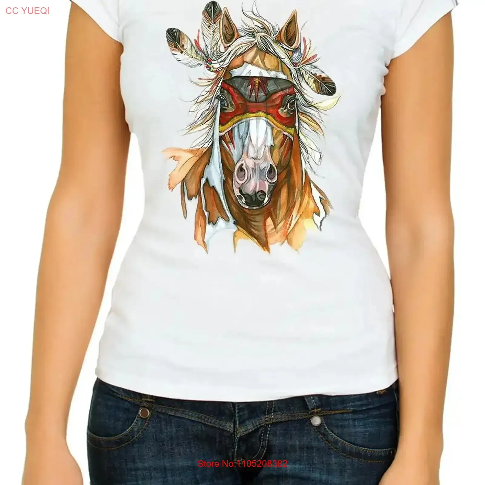 Apache caballo dibujo arte Color 3 4 Camiseta de manga corta para mujer K688 vintage Top lavado para uso diario gráfico de moda Unisex