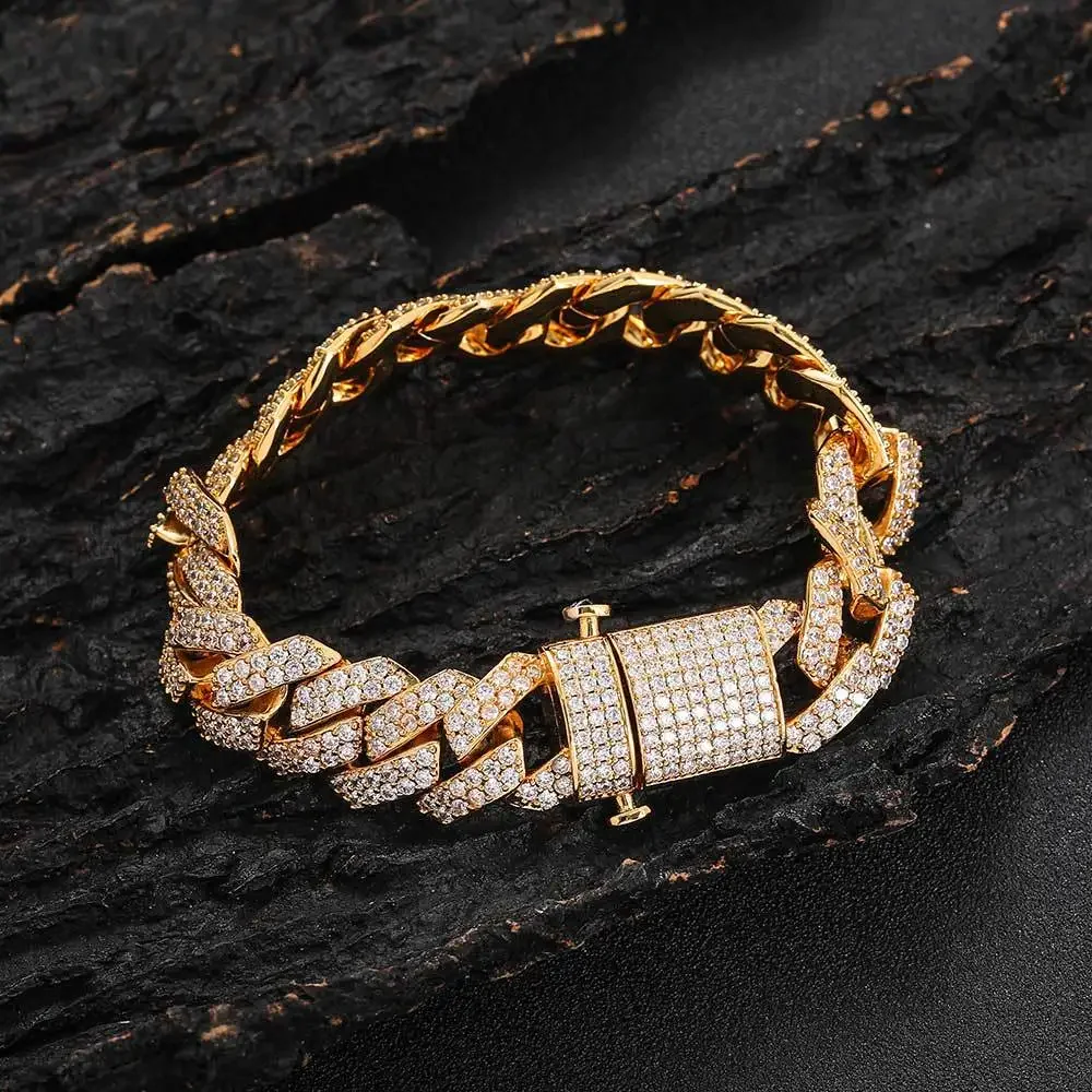 

Miami Cuban Link Bracelet Hip Hop Jewelry Zircon 15mm Elastic Buckle Men Necklace