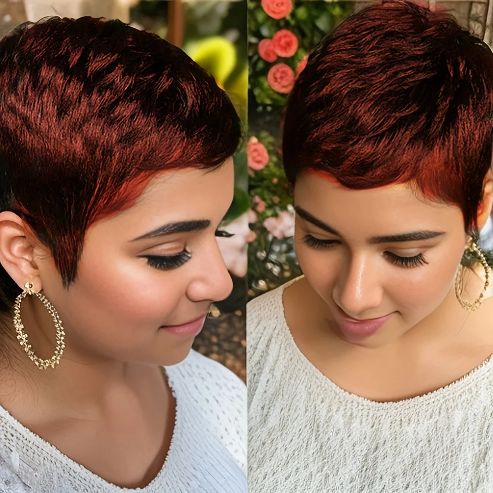 픽시 컷 스트레이트 가발 여성용 100% 인모 머신 메이드 천연 헤어라인