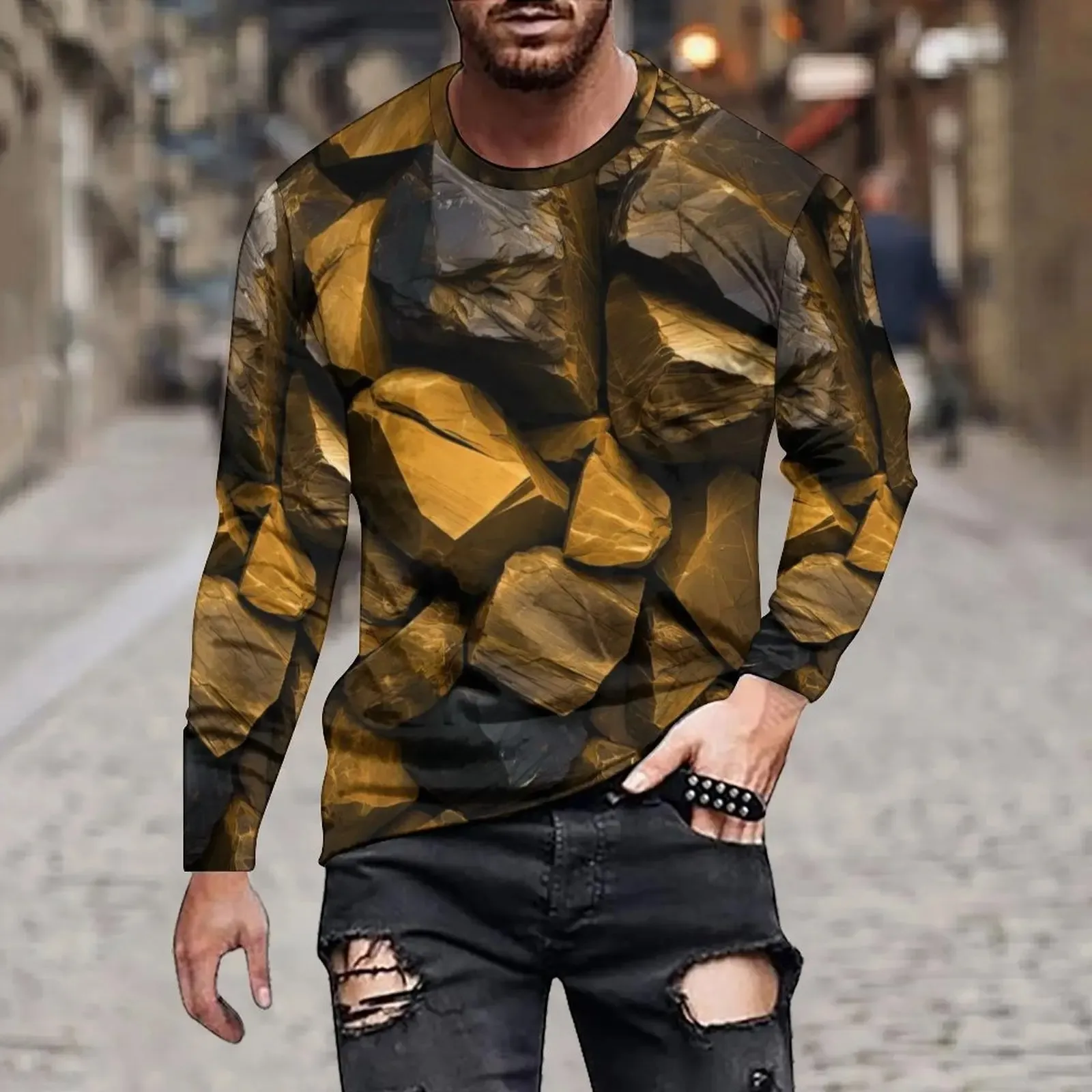 

Men's Spring And Autumn Fashion Simple Abstract Pattern Printing 3d Hd Printing Round Neck Long Sleeve Casual Loose Pullover