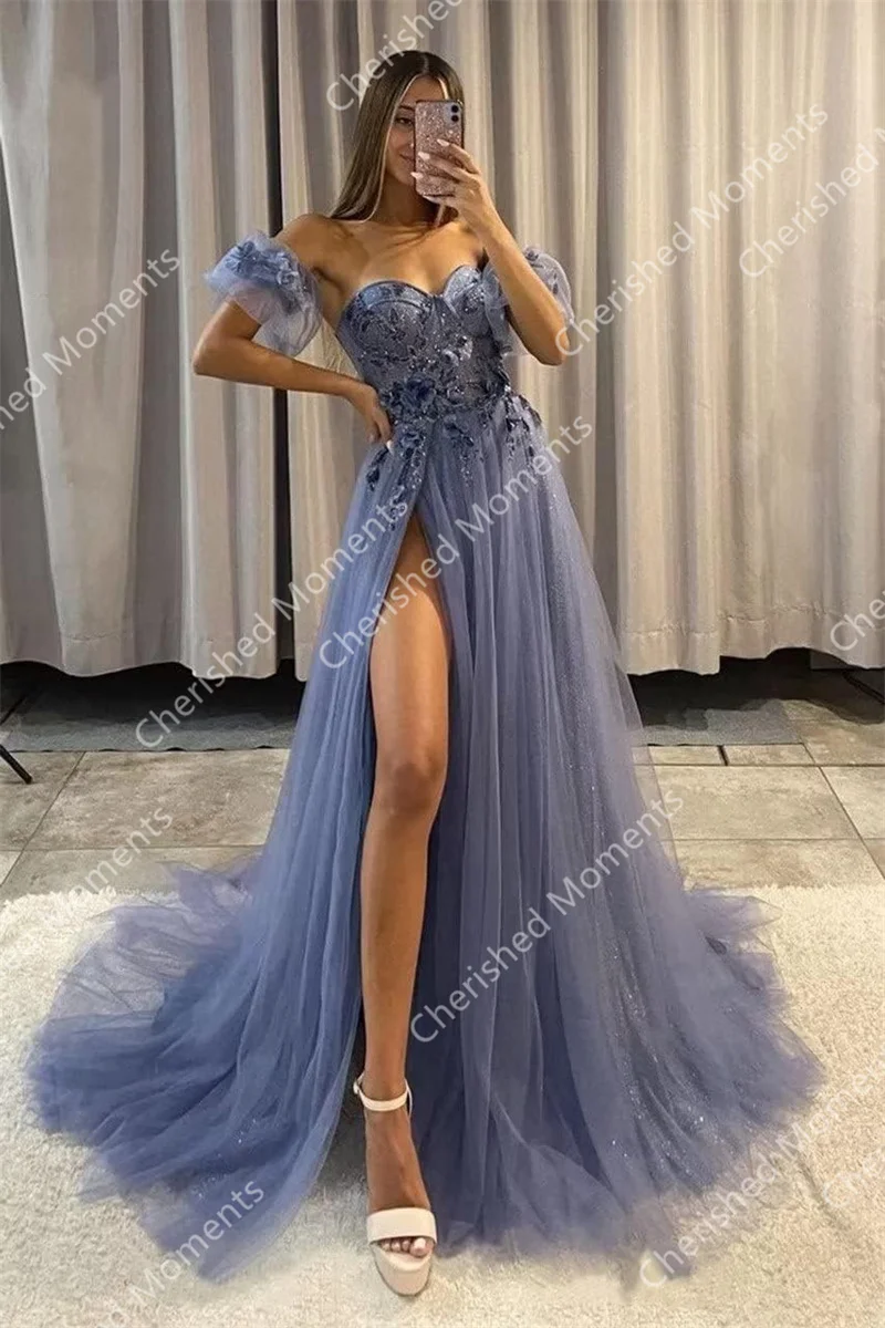 Abiti da ballo in Tulle glitterato lunghi 2024 con spacco senza spalline 3D Flower Lace Up Back robes soirée Ball-Gown vestidos muslimabs raffica