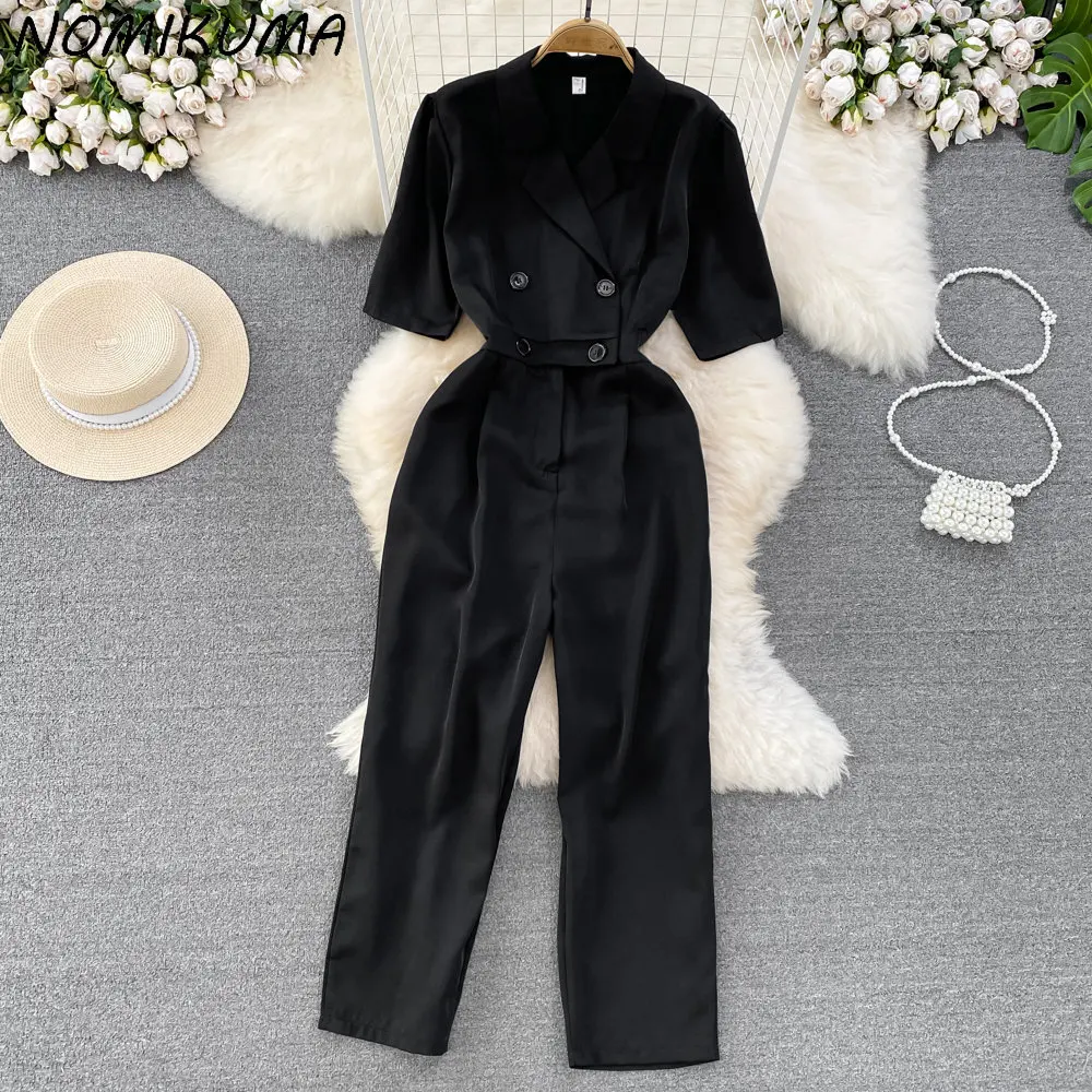 Nomikuma Elegant Notched Collar Short Sleeve Women Jumpsuits Korean Slim Waist Straight Long Pants Bodysuits 2023 New Rompers