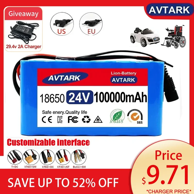 Novo pacote de bateria de íon de lítio 24v 7s3p 18650 100ah com 20a bms balanceado para scooter cadeira de rodas elétrica, + carregador 2a