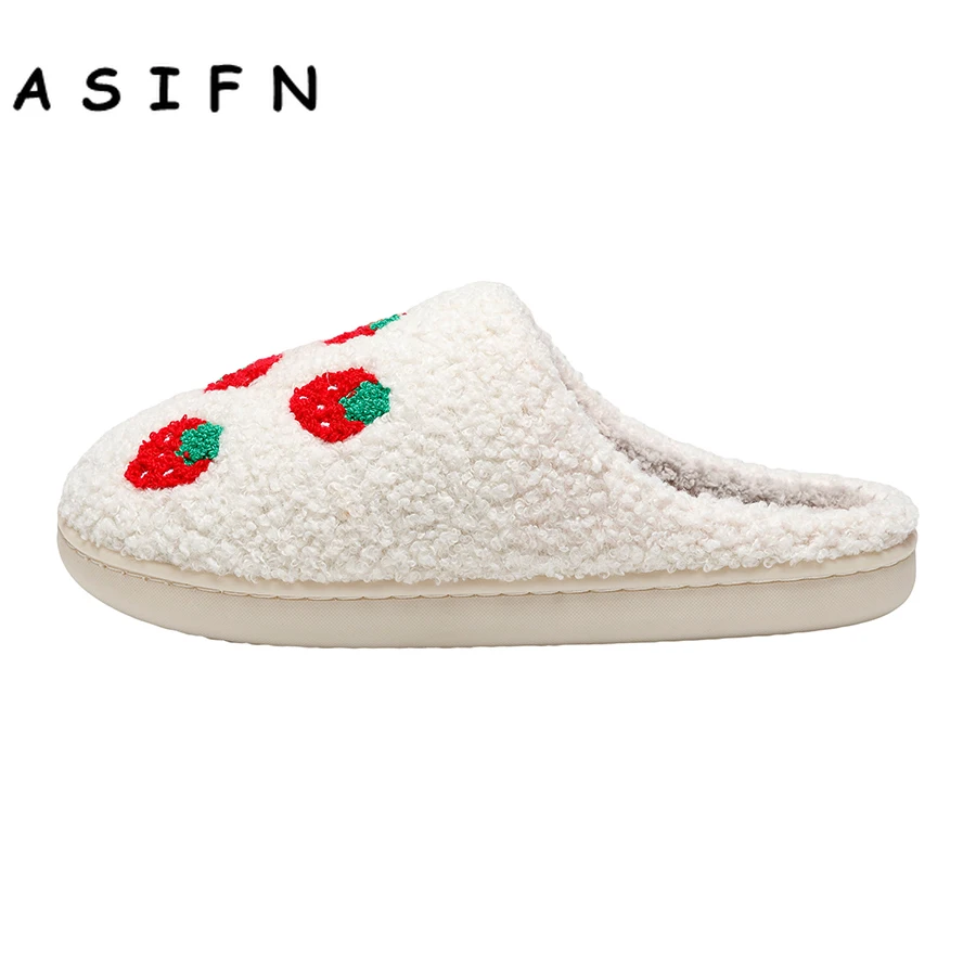 New Cute Strawberry Slippers Soft Fluffy Faux Fur Plush House Shoes Women Female Comfy Home Flat Slip-on Slides Chaussure Femme