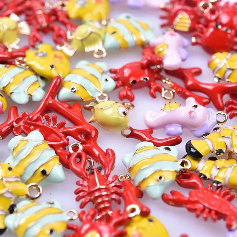5pcs/9pcs Lovely Enamel Marine Animal Tropical Clown Fish Charms  Lobster Crab Seahorse Metal Pendant Jewelry Making Findings