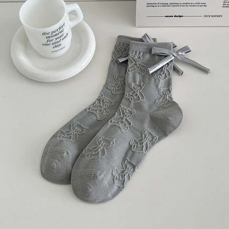Korean Sweet 3D Flower Butterfly Knot Socks Women's Spring Summer Thin Pearl Pure Color Cuffed Over-The-Knee Stockings