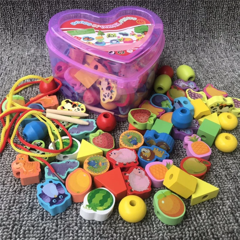 Brinquedos de madeira do bebê diy brinquedo dos desenhos animados fruta animal frisado amarrando jogos crianças meninas meninos monterssori educacional para crianças