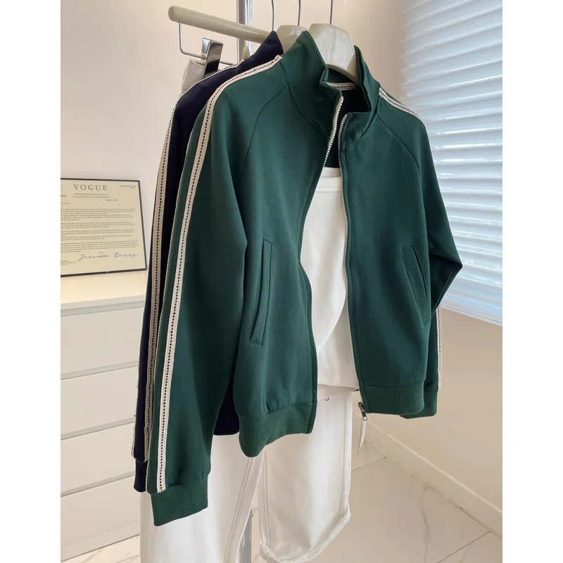 

American Retro Stand Collar Short Jacket Women! Autumn White Slimming Small Size Casual Green Color Block Sweatshirt Cardigan