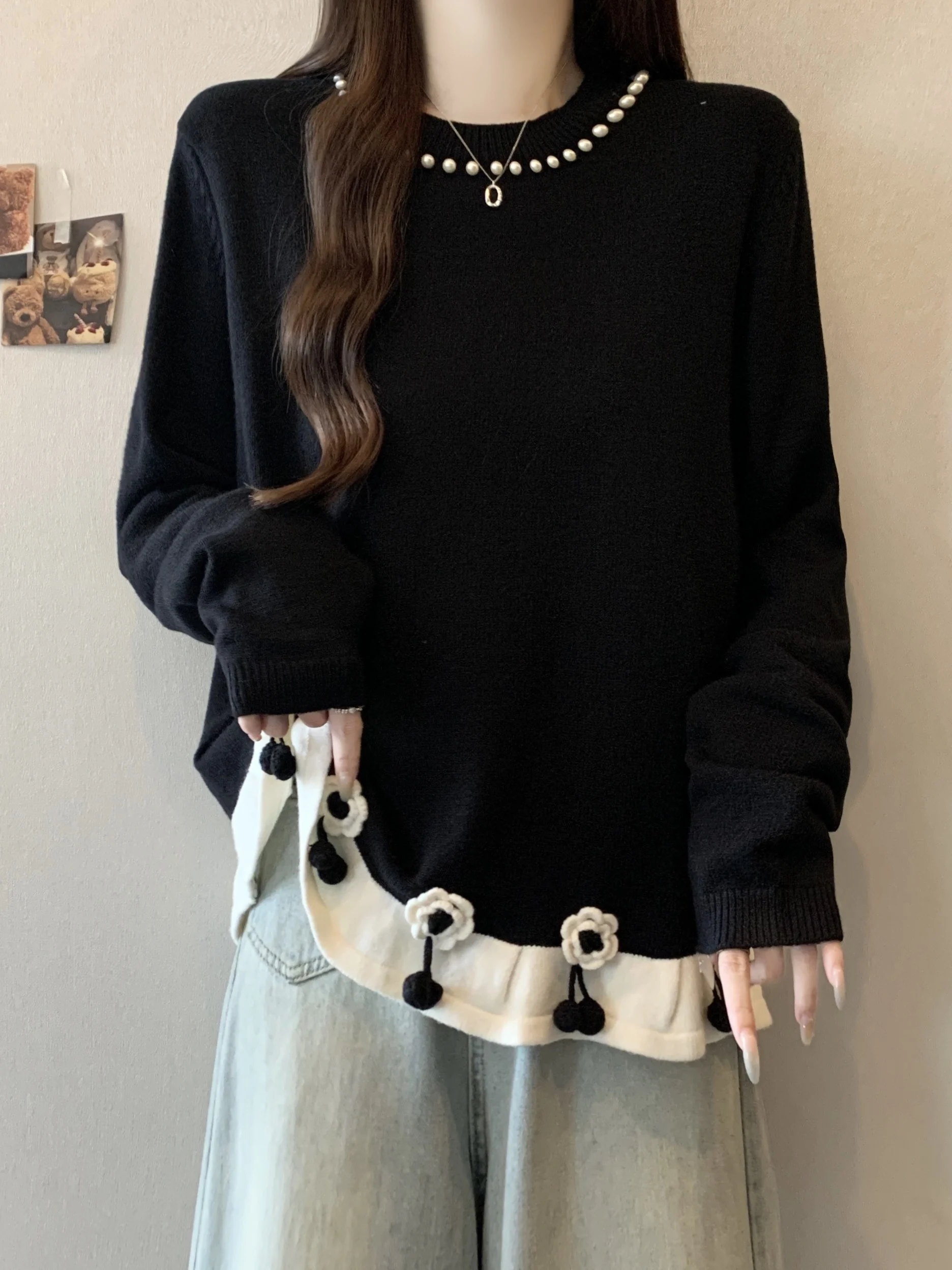 

plus Size Women's Knitted Sweater with 3D Flower Design And Lace Hemline Autumn Winter plus Size Inner Wear for Slimming Effect