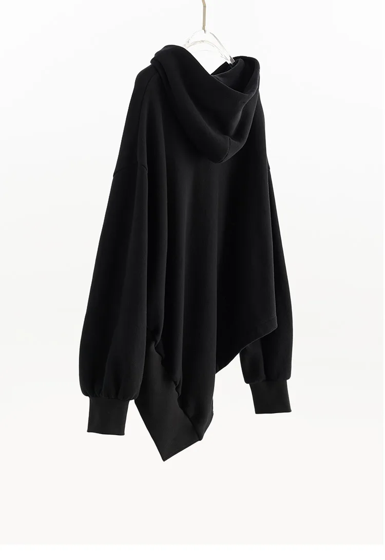Irregular Sweatshirt~ Black Hooded Sweatshirt Women's Jacket, All-Cotton, Loose Fit, Casual, Slimming, New Autumn Style